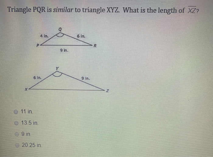 Triangle xyz is similar to triangle pqr.