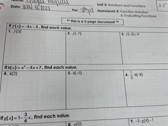 Algebra 1 unit 3 relations and functions answer key